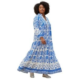 Ashilda Blue White Maxi Dress Bohemian Cotton Vacation Mediterranean Size XL